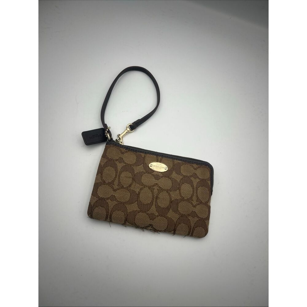 COACH Signature Hand Bag Pouch Wallet Canvas Brown EUC